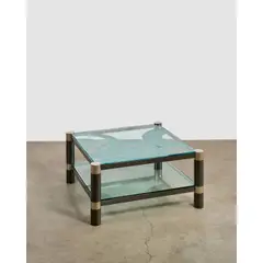 Karl Springer, Special Order 'Round Leg Two-Tier' Coffee Table, , steel with gunmetal finish, chrome-plated steel, hand-etched glass by Joseph Spohr, stamped 'Karl Springer'