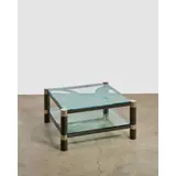 Karl Springer, Special Order 'Round Leg Two-Tier' Coffee Table, , steel with gunmetal finish, chrome-plated steel, hand-etched glass by Joseph Spohr, stamped 'Karl Springer'