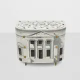 Piero Fornasetti, 'Palladian' Chest of Drawers, lithographic printed mahogany and brass, applied manufacturer's label to drawer 'Fornasetti Milano', inscribed 'ALTO  Mob