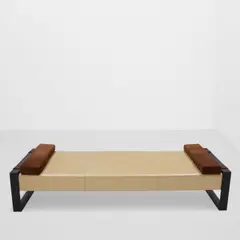 'Padd' Daybed by Christian Liaigre, patinated steel, leather, suede, sold Jul 2026