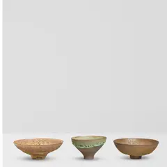 James Lovera, Three Footed Bowls, crater-glazed earthenware, each incised 'lovera' on underside