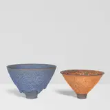 James Lovera, Two Footed Bowls, crater glazed earthenware, each incised 'lovera' on underside