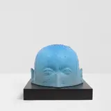 Verne Funk, Blue Head, glazed ceramic, laminated wood, incised 'Funk'