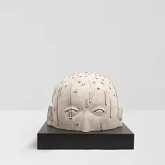 Verne Funk, White Head, glazed ceramic, laminated wood, incised 'Funk'