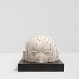 Verne Funk, White Head, glazed ceramic, laminated wood, incised 'Funk'