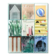 Therman Statom, Untitled (Wall-Mounted Grid), painted glass, steel, and found objects