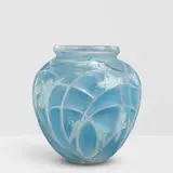 Sauterelles Vase by René Lalique, molded glass, frosted and polished blue with green staining, incised 'R LALIQUE' on the underside, sold Mar 2026