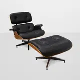 Charles Eames and Ray Eames, 670 Lounge Chair and 671 Ottoman, laminated walnut, leather, with Herman Miller tags on underside of both