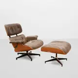 Charles Eames and Ray Eames, 670 Lounge Chair and 671 Ottoman, for Herman Miller, rosewood, leather, aluminum, with black Herman Miller labels on undersides of chair and ottoman