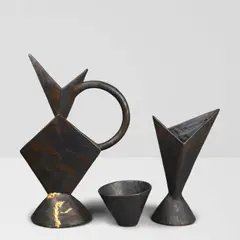 Andrew Lord, jug, vase and dish. geometry, 1986, ceramic, gold leaf, epoxy, marked with artists' number 'BH3702' and numbered on underside