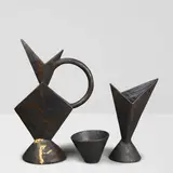 Andrew Lord, jug, vase and dish. geometry, 1986, ceramic, gold leaf, epoxy, marked with artists' number 'BH3702' and numbered on underside