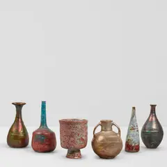 Group of Six Vessels by Beatrice Wood, glazed and lustre-glazed earthenware, each signed 'BEATO' on underside, variously inscribed and numbered, sold Mar 2026