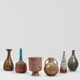 Beatrice Wood, Group of Six Vessels, glazed and lustre-glazed earthenware, each signed 'BEATO' on underside, variously inscribed and numbered