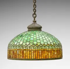 Tiffany Studios, 'Curtain Border' Hanging Lamp, leaded glass, patinated bronze, patinated bronze chain