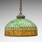 Tiffany Studios, 'Curtain Border' Hanging Lamp, leaded glass, patinated bronze, patinated bronze chain