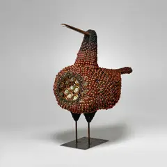 Birger Kaipiainen, Beaded Bird Sculpture, patinated iron, lustre-glazed and polychrome-enameled stoneware, incised 'KAIPIAINEN'