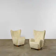 Mogens Lassen, Pair of Wing Armchairs, sheepskin upholstery, oak