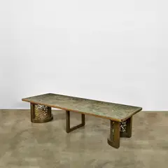 Philip and Kelvin Laverne, Unique 'Xiang Shi' Dining Table, patinated and engraved bronze and pewter over wood with hand-painted enamels, engraved facsimile signature 'Philip + Kelvin LaVerne'