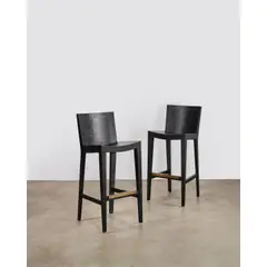 Karl Springer, Pair of 'JMF' Barstools, , wood, embossed lizard leather, polished brass, branded leather label 'Karl Springer 1986'