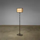 Ingrid Donat, 'Lampadaire Buste Homme', patinated bronze, parchment, stained oak, base stamped 'Landowski Fondeur 2007 7/8', and signed in the maquette 'ID', shade stamped 'H 7/8'
