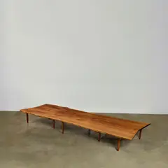 Custom Order Monumental Bench by Mira Nakashima, American black walnut, rosewood, leather, ink marks 'Mira Nakashima 11, sold Jun 2026