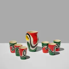 Roland Brice, Service à boisson, A signed drink service comprising a pitcher and six goblets in glazed ceramic by Roland Brice circa 1950