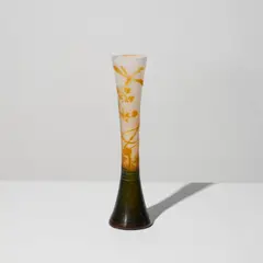 Vase de forme diabolo by Établissements Gallé, A signed diabolo-shaped vase in acid-etched multilayered glass with a rotating marsh flora and dragonfly decoration by É, sold Apr 2026