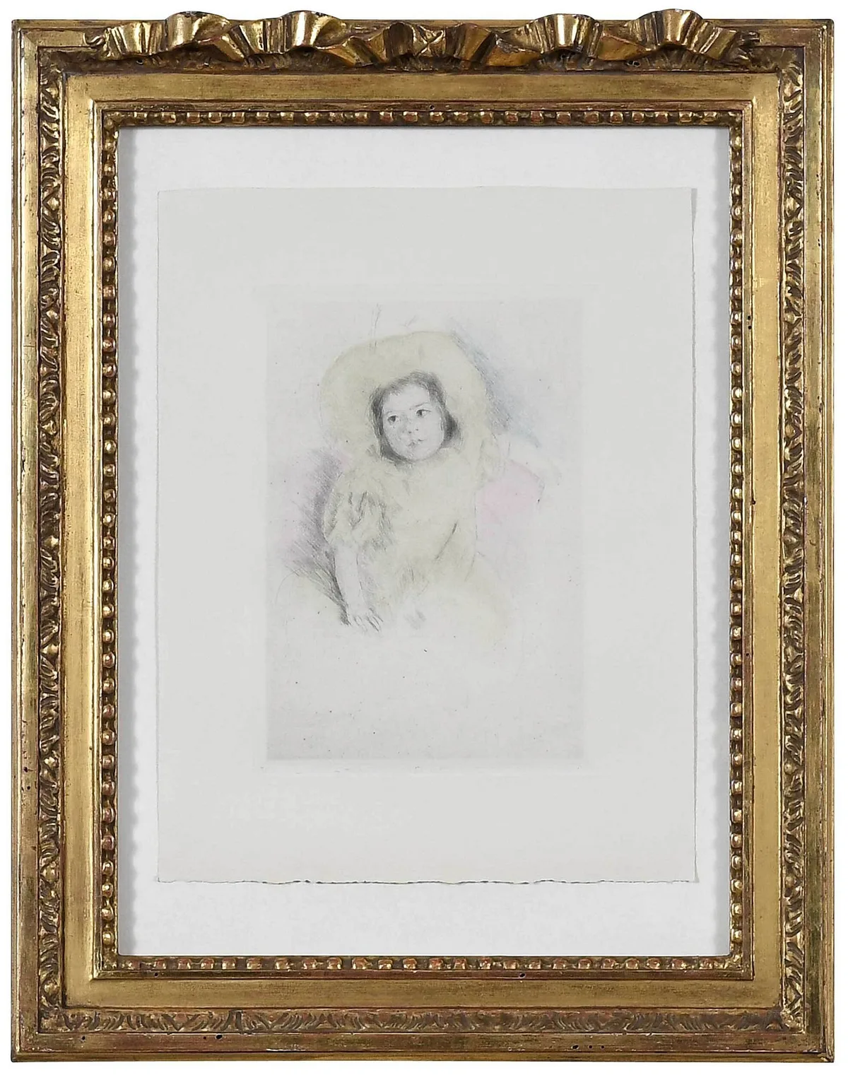 Mary Cassatt Etching, Margot Wearing a Bonnet (B. 179) No. 1, color drypoint etching on cream wove paper