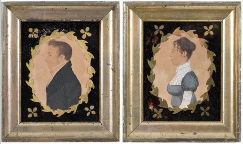 Rufus Porter, Pair of portrait miniatures in profile, gentleman bears inscription in coat "Nixon, watercolor on paper with ink highlights