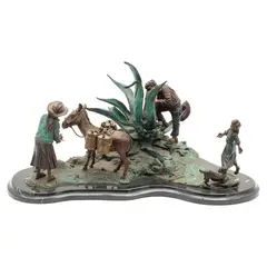Felipe Chávez Hernández, ATARDECER TLACHIQUERO, Bronce patinado policromo con base de mármol negro
