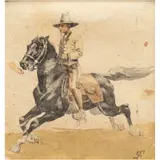 Paul Fischer, CHARRO AL GALOPE, Acuarela y grafito sobre papel