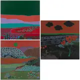 Helen Ann Licht, A) Skygreen, 1979, B) Pan, 1978 y C) Castle, 1978, Acrílico sobre tela