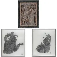 Andy Seuffert, A) Sacrificio de la reina (Estela maya de Yaxilán), Pastel sobre papel amate sobre masonite