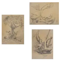 Mario Orozco Rivera, A) El árbol de la música, B) Instrumento electrónico para accidentes controlados en la música y C) Instrumento de cuerda, viento, percusiones y vibraciones, Lápiz sobre papel
