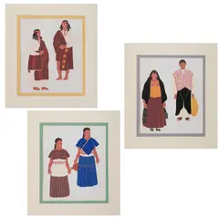 Carlos Mérida, Tarahumares of the State of Chihuahua, Aztecs of the State of Mexico y Otomies of the States of Hidalgo, de la carpeta Mexican Costume, 1941, Serigrafías sin número de tiraje