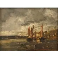 Tina Blau, Holland, (Sail Boats Along a River) Oil on board