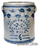Boyers & Harden, Exceptional BOYERS & HARDEN / PALATINE / W VA Six-Gallon Stoneware Crock w/ Elaborate Decoration, circa 1875, Stoneware