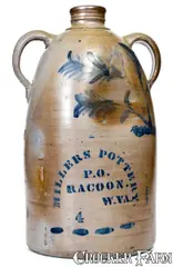 Exceedingly Rare MILLERS POTTERY. / P.O. / RACOON, / W.VA. Double-Handled Stoneware Jug by Millers Pottery, circa 1875, Stoneware, sold Aug 2020