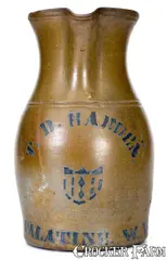 T.D. Harden, Rare T.D. HARDEN / PALATINE. W. VA Stoneware Pitcher w/ Stenciled Cobalt Shield Decoration, circa 1875, Stoneware