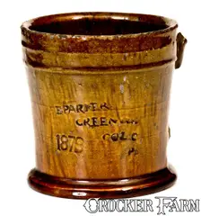 E. Parker, Very Rare Glazed Redware Mug, E PARKER / GREENWOOD / COL C / PA / 1879, 1879, Redware