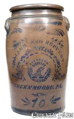 Williams And Reppert, 10 Gal. WILLIAMS & REPPERT / GREENSBORO, PA Stoneware Jar w/ Stenciled Eagle Decoration, circa 1885, Stoneware
