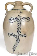 E. Fowler, Outstanding 5 Gal. E. FOWLER / BEAVER, PA Double-Handled Stoneware Jug w/ Slip-Trailed Decoration, circa 1865, Stoneware