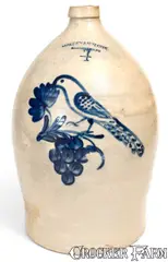 Cowden & Wilcox, Exceptional COWDEN & WILCOX / HARRISBURG, PA Stoneware Jug w/ Cobalt Bird and Grapes Motif, circa 1865, Stoneware