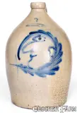Fine Three-Gallon COWDEN & WILCOX / HARRISBURG, PA Stoneware Man-in-the-Moon Jug by Cowden & Wilcox, circa 1865, Stoneware, sold Aug 2020