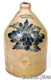 Very Rare COWDEN & WILCOX / HARRISBURG, PA Stoneware Jug w/ Cobalt Grape and Foliate Spray Decoration by Cowden & Wilcox, circa 1865, Stoneware, sold Aug 2020
