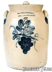 Inverted Maker's Mark, Unusual Three-Gallon Cowden & Wilcox Stoneware Jar w/ Grapes Design (Inverted Maker's Mark), circa 1865, Stoneware