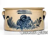 COWDEN & WILCOX / HARRISBURG, PA Stoneware Cake Crock with Bold Floral Decoration by Cowden & Wilcox, circa 1865, Stoneware, sold Aug 2020