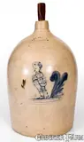 E.L. Farrar, Very Rare E.L. FARRAR / IBERVILLE, P.Q. Stoneware Jug w/ Incised Figural Decoration, mid 19th century, Stoneware