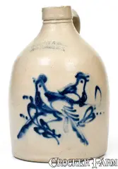 Very Rare 1 Gal. SATTERLEE & MORY / FORT EDWARD, NY Double Bird Jug by Satterlee & Mory, circa 1865, Stoneware, sold Aug 2020