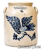 Wm E. Warner, Outstanding WM. E. WARNER / WEST TROY Stoneware Jar w/ Bold Slip-Trailed Eagle Decoration, circa 1855, Stoneware
